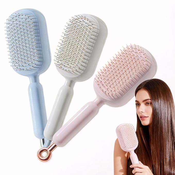 Retractable Cushion Massage Comb Brush, Self Cleaning Hair Brush For Women, One-pull Clean Anti Static Brushs (Blue+Pink+White)