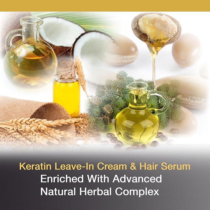 VITAMINS hair cosmetics Keratin Thin Hair Leave-In Conditioner & Hair Serum Kit - Hydrating No Rinse Nourishing Cream & Heat Protectant, Anti Frizz Gloss Boost - Pro Salon Care for Dry Damaged Hair