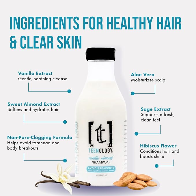Teenology Teen Shampoo – Avoid Acne Breakouts, Non-Comedogenic, For Dry & Oily Scalps, Sulfate & Paraben Free, Natural Botanical Extracts, for Clear Skin & Healthy Hair, 16 oz – (Vanilla Almond)