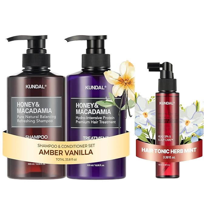 KUNDAL Shampoo/Conditioner + Caffeine Scalp Tonic Set, Sulfate Free Moisture Care, Hair Loss Scalp Strengthening, Korean Hair Care + Amber Vanilla, 16.9 fl oz x2 + 3.38 fl oz