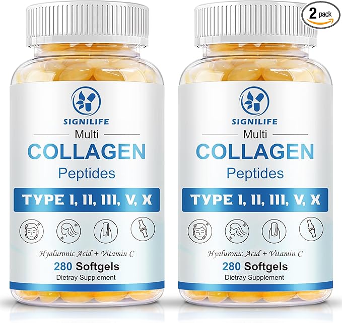 Multi Collagen Peptides for Women & Men, Hydrolyzed Collagen Peptides-Type I, II, III, V, X - with Hyaluronic Acid,Vitamin C,Biotin,Supports Skin Hair Nail, Non-GMO,560 Softgels