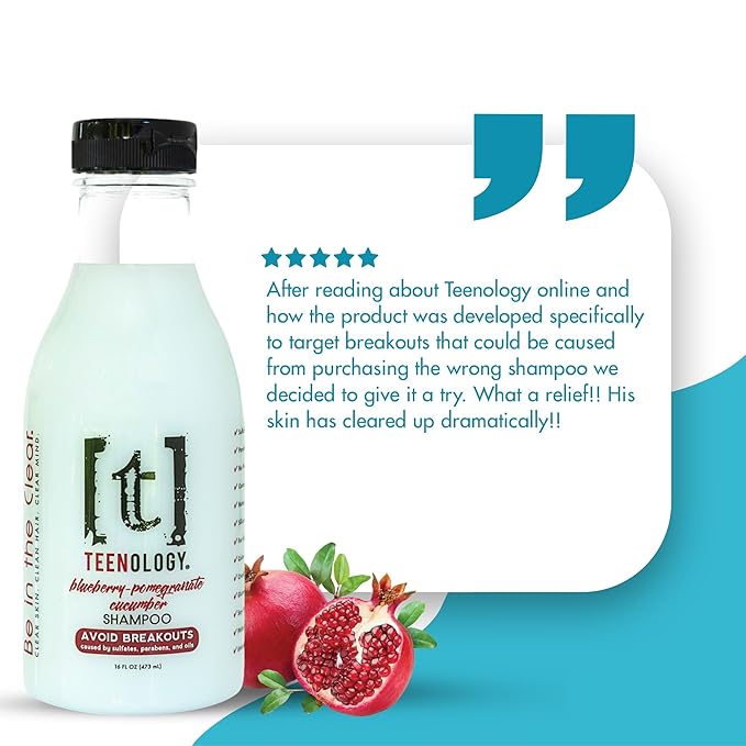 Teenology Teen Shampoo – Avoid Acne Breakouts, Non-Comedogenic, For Dry & Oily Scalps, Sulfate & Paraben Free, Natural Extracts, for Clear Skin & Healthy Hair, 16 oz – (Blueberry Pomegranate Cucumber)