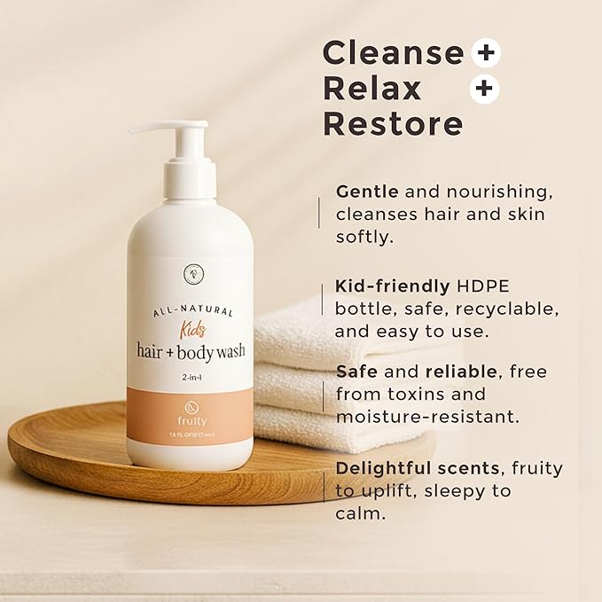 Rowe Casa Organics 2-in-1 Kids Hair & Body Wash with Therapeutic Essential Oils – Fruity Kids Shampoo & Body Wash with Sweet, Bright & Uplifting Scent – 16 Fl. Oz