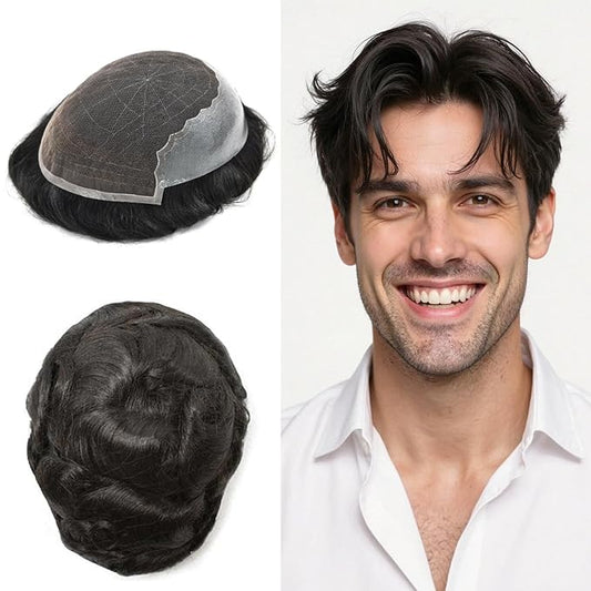 Mens Hair System French Lace Front Bleached Knots Human Hair Toupee for Men Hairpiece