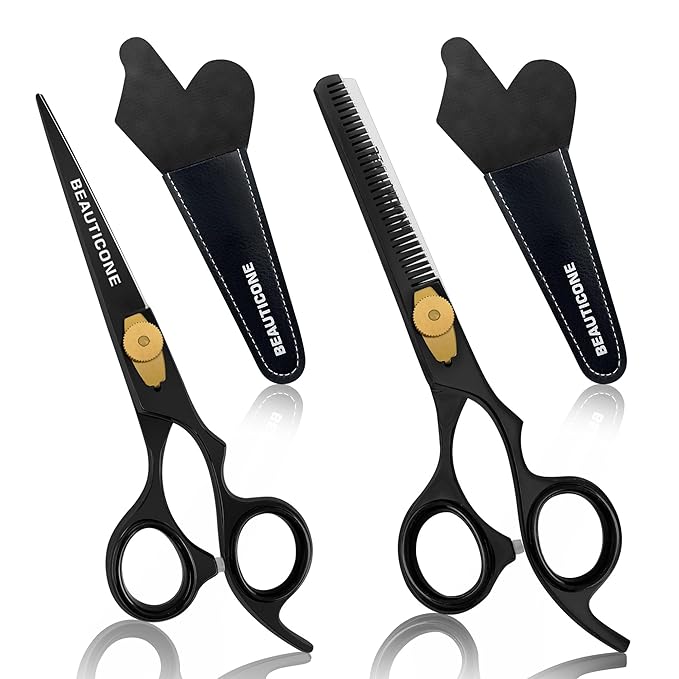 BEAUTICONE Hair Cutting & Thinning Scissors Set | 6.5 Inch Professional Stainless Steel Barber Shears | Hairdressing Scissors | Smooth & Sharp Edge Blades - for Men/Women (Black set of 2)