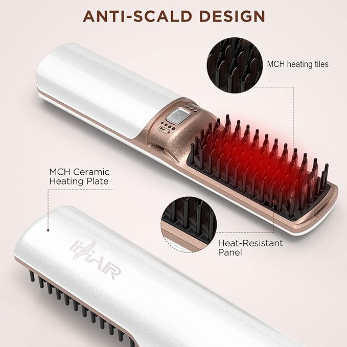 Hot Hair Straightener Brush,Portable Mini Cordless Hair Straightener with Travel Size USB Rechargeable 6400MAH,2 in 1 Hot Comb Hair Straightener for Women & Men with Short Hair(White)