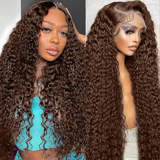 Anderah Chocolate Brown Deep Wave Lace Front Wigs Human Hair 200 Density 13x6 HD Lace Frontal Wigs Curly Human Hair Wig For Women Pre Plucked with Natural Hairline 4# Brown Color (26inch)