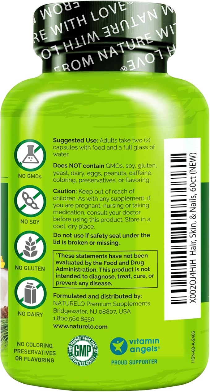 NATURELO Hair, Skin and Nails Vitamins - 5000 mcg Biotin, Collagen, Natural Vitamin E - Supplement for Healthy Skin, Hair Growth for Women and Men – 60 Capsules