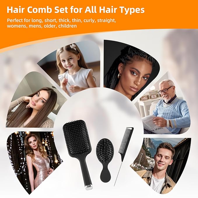 Hair Brush and Comb Set, 3Pcs Paddle Hairbrush Set for Women Men, Mini Travel Boar Bristle Detangling Rattail Fine Styling Combs for Curly, Thick, Thin, Wig