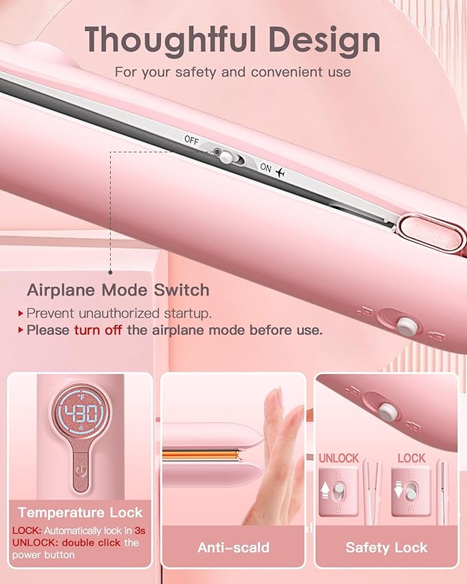 ZAVAREA Cordless Hair Straightener and Curler,Portable Hair Straightener for Travel,Ceramic Cordless Flat Iron for Women,Wireless Straightener 2 in 1,9000mAh Battery,5 Temps,USB-C Rechargeable