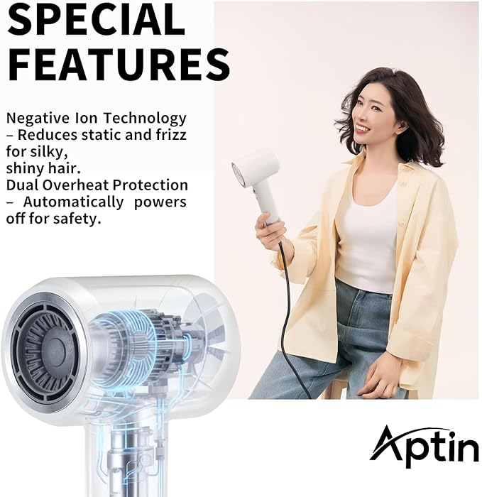 Ionic Hair Dryer, Dual Overheat Protection & Anti-Static Ion Care, High-Speed Wind, Low Noise, 2 Heat & 2 Speed Settings, Durable PA+Glass Fiber Shell, Lightweight with Concentrator Nozzle