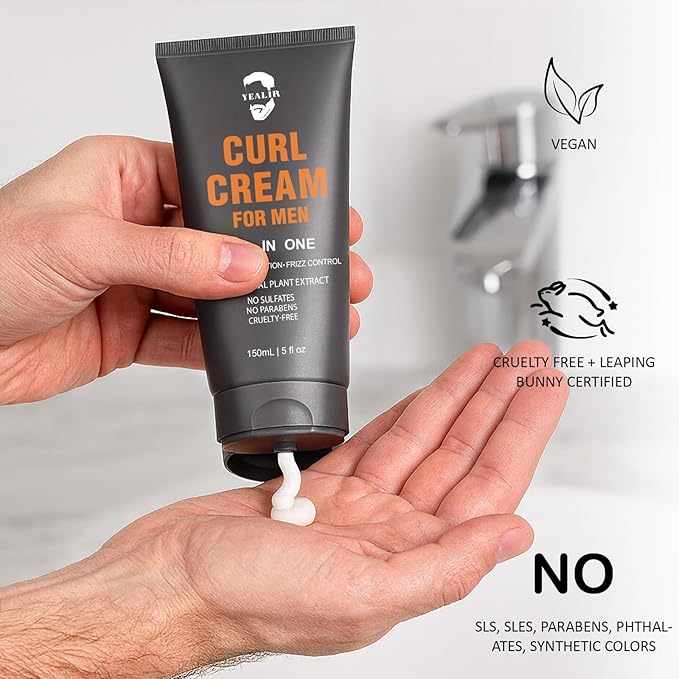 Curl Cream for Men, 5oz | Defines Curls, Controls Frizz & Hydrates with Medium Hold | Sulfate-Free, Organic & Natural Ingredients | Lightweight, Non-Greasy Styling Cream for Wavy & Curly Hair
