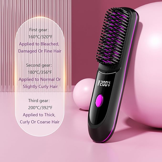 Go Brush Pro Hair Straightener – Cordless Comb with Negative Ion, 7400mAh Fast Heating & Portable Travel Design, Rechargeable Brush for Straightening and Curling (Purple-1Pcs)