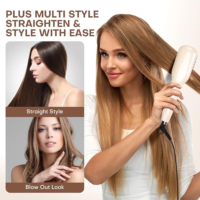 Hair Straightener Brush- Hair straighteners for Women, Ceramic Ionic Straightener Comb with Less Frizz | 20s Fast Heating | 2 in 1 Flat Iron Brush Dual Voltage Travel, Champagne