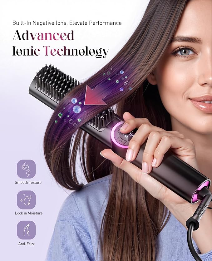 Hair Straightener Brush for Women: Negative Ionic 3-in-1 Curling & Straightening Brush, Ceramic Hot Comb with 15 Temps for Hair Styling