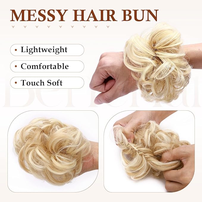 Benehair Messy Bun Hair Piece Scrunchy Updo Hair Pieces for Women Fluffy Wavy Hair Bun Scrunchies Donut Hairpiece Synthetic Chignons With Elastic Rubber Band Dark Blonde & Bleach Blonde 1pc 25g