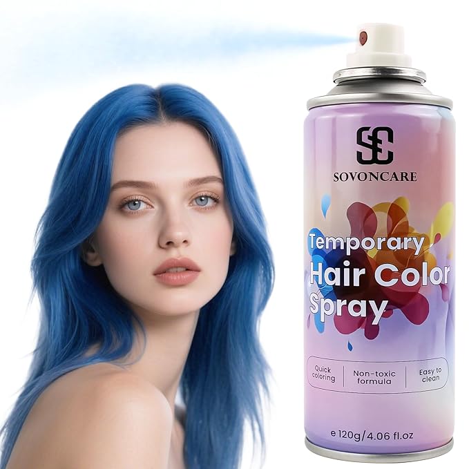 Blue Temporary Hair Color Spray, SOVONCARE Natural Hair Wax Dye Spray for Kids Halloween, Christmas Party, Cosplay -On 1-Day Washable 120ML