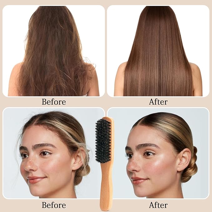 Boar Bristle Slick Back Hair Brush for Smooth Flyaways, Frizz, Sleek Ponytail, Buns and Edge Baby Hair, Teasing | Hair Comb, Edge Brush, Teasing Brush Styling Accessories for Girls, Kids, Women & Men