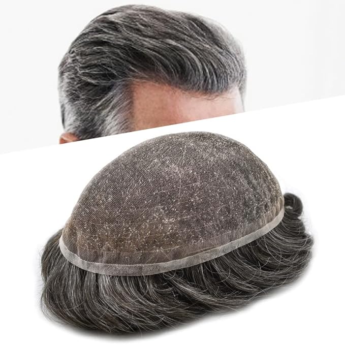 Toupee For Men Real Human Hair System For Men Full Swiss Lace Mens Toupee Lace Hair Piece For Men Hair System Bleached Knots 8x10-80% light density#230 2# DARKEST BROWN+30% GREY