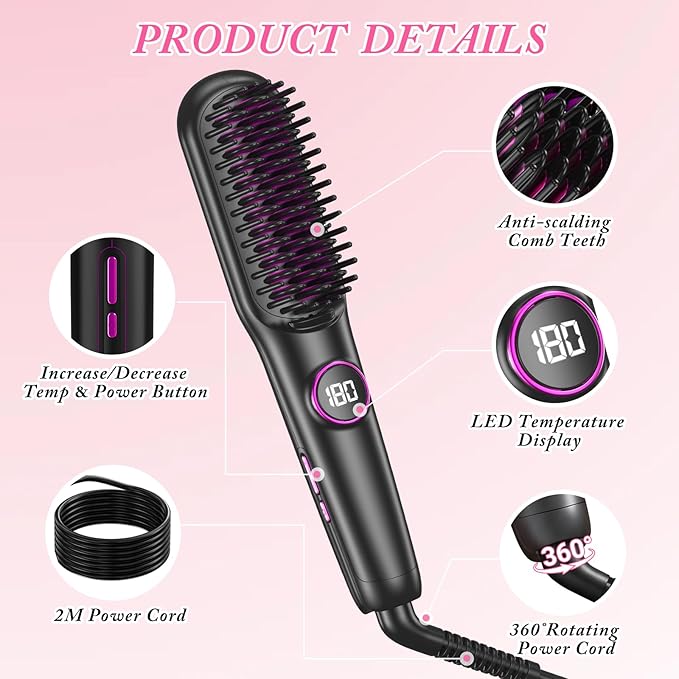Ionic Hair Straightener Brush, 18W Professional Ceramic Straightening Brush for Home Salon, Plasma Straightening Brush, 9 Temp Settings, 20s Fast Heating, Hair Straightener Comb with LED Display