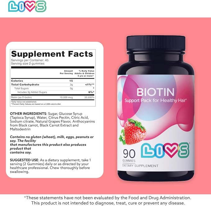 LIVS Biotin Gummies 10,000mcg for Hair, Skin & Nail Growth – Biotin & Collagen Supplement for Women & Men | Vegan, Gluten-Free, Non-GMO Hair Vitamins | Strawberry Flavor Beauty Gummies – 90 Count