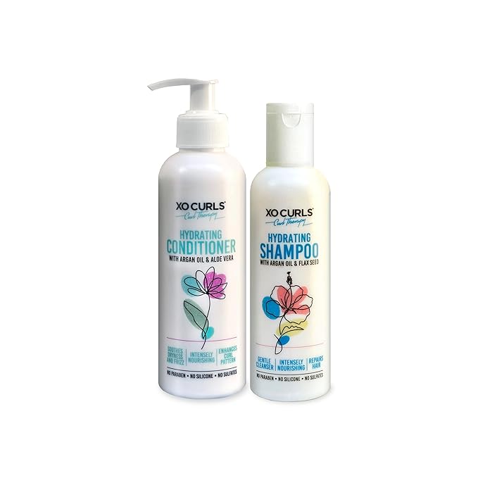 XO Curls 2 Pcs Curl Therapy Range 8 Fl Oz | Hydrating Conditioner & Hydrating Shampoo Combo | Frizz-Free | Soft Natural Curls | Argan Oil | Unisex Adult