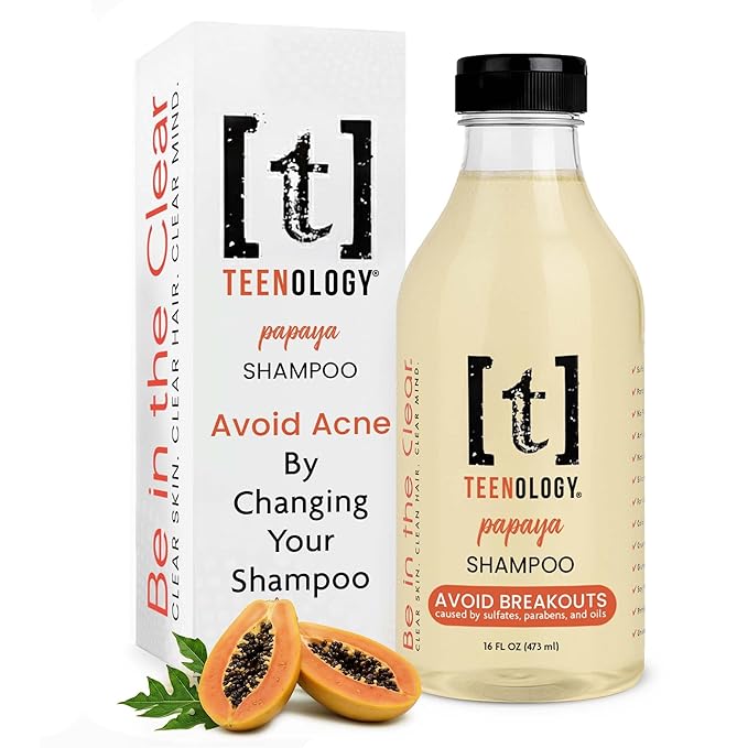 Teenology Teen Shampoo – Avoid Acne Breakouts, Non-Comedogenic, For Dry & Oily Scalps, Sulfate & Paraben Free, Natural Botanical Extracts, for Clear Skin & Healthy Hair, 16 oz – (Papaya)