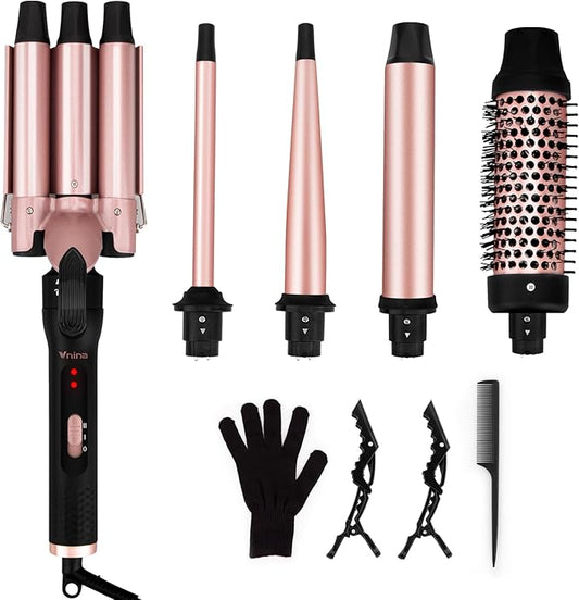5 in 1 Curling Iron Set, 3 Barrel Curling Iron Set with Curling Brush (1.5 inch),4 Interchangeable Ceramic Curling Wand (0.5-1.25"), Instant Heat Up, 2 Temps Setting, with Comb & Glove & 2 Hair Clips