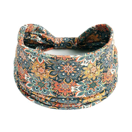 1 Pack Boho Headbands Stretch Paisley Print Bandana Headband Criss Cross Hair Bands Knotted Head Wrap Yoga Daily for Women and Girls (Cyan)