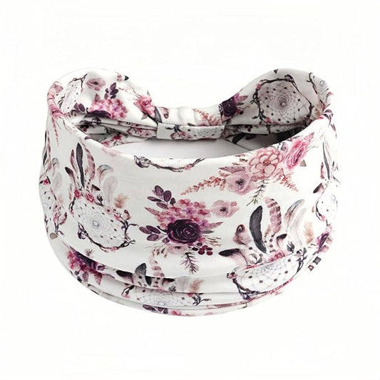 1 Pack Boho Headbands Stretch Paisley Print Bandana Headband Criss Cross Hair Bands Knotted Head Wrap Yoga Daily for Women and Girls (White Flower)