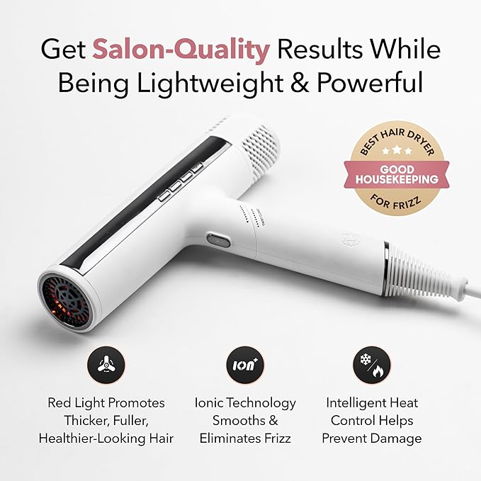 SRILabs DryQ ‘Smart’ Hair Dryer – White Edition – Super Lightweight, Foldable – Powerful, Quiet Motor – Infrared & Ionic Technology – 3 Magnetic Attachments – Heat Control with Locking Switch