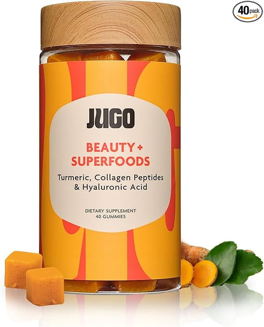 JUGO Beauty + SUPERFOODS Hair, Skin and Nails Collagen Gummies, Hyaluronic Acid and Turmeric Supplement, Cruelty-Free, Gelatin-Free and Gluten-Free Gummy Vitamins, Non-GMO, Made in USA, 40 Count