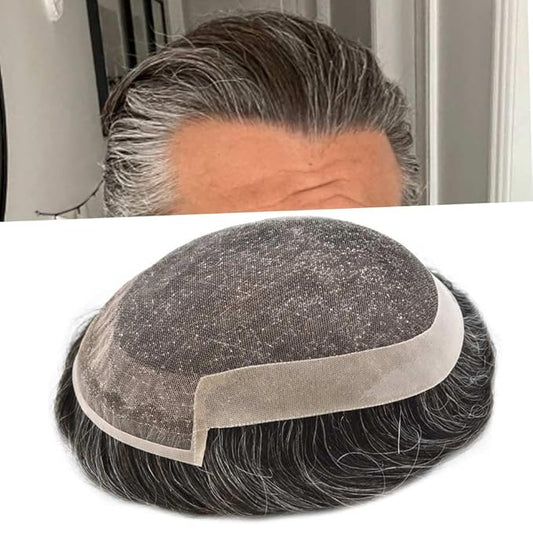 Toupee for Men Real Human Hair Swiss Lace Hairpiece for Men Hair Replacement System Poly Coated Mens Hairpieces Breathable Mens Hair System 6X9-80%Light Density #1B20 1B# OFF BLACK+20%GREY