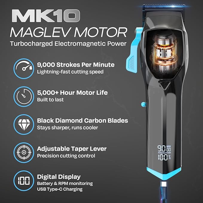 HUMMINGBIRD MK10 Pro Series Hair Clippers – 9,000 RPM Brushless Motor, DLC Blade, Cordless USB-C Rechargeable, Super Torque, Professional Barber Clippers, Haircut Kit, Includes Barber Cape & Comb