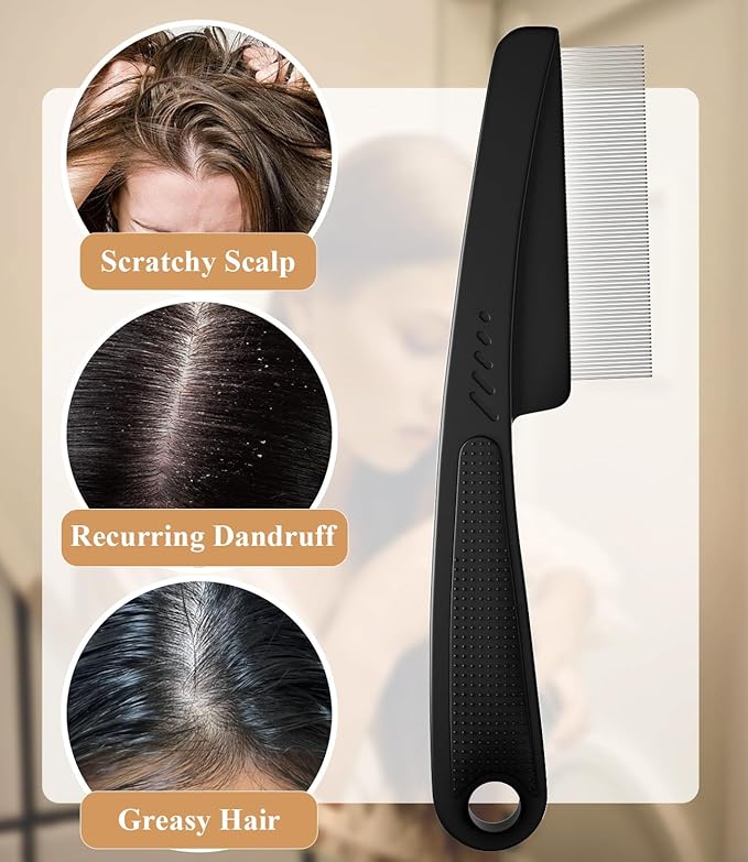 Dandruff Comb Fine Tooth Scalp Detox Comb Lice for Women, Men & Kids Stainless Steel Scalp Detoxing, Sweep & Massage Hair Brush Tool for Hair Care (Black 1PC)