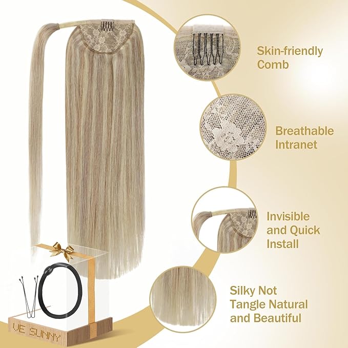 Ve Sunny Ponytail Extension Real Human Hair for Women Clip in Ponytail Hair Extension Straight Hair Pieces Wrap Around Warm Ash Blonde Highlights Bleach Blonde 22inch 80G