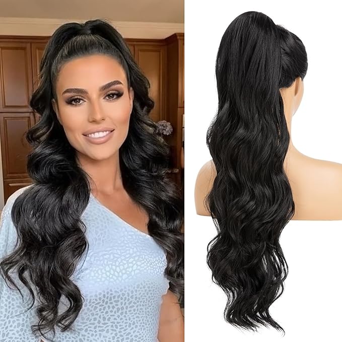 Wavy Drawstring Ponytail Extensions Long 26 Inch Synthetic Fake Hairpiece for Women Off Black