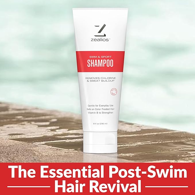 Zealios Swim & Sport Clarifying Shampoo, 8 oz Squeeze Tube for Extremely Damaged Hair, Pool Hair Repair & Protector - Sulfate-Free, Moisturizing Chlorine & Salt Removal, Color-Safe, Citrus Scent