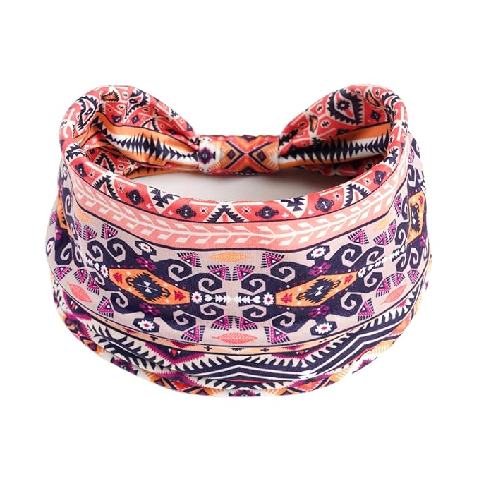 1 Pack Boho Headbands Stretch Paisley Print Bandana Headband Criss Cross Hair Bands Knotted Head Wrap Yoga Daily for Women and Girls (Pink Retro)
