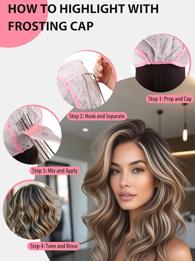 19PCS Hair Bleach Highlighting Kit with Hair Dye Brush and Bowl Set Color Whisk, Highlight Frosting Cap with Hook, Disposable Gloves Capes, Home Use Salon Tools for Hair Bleaching Coloring Dying
