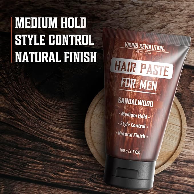 Viking Revolution Hair Paste for Men - Sandalwood Scented Texture Paste - Medium Hold, Natural Finish - Matte Look, Easy Wash Out, Non-Greasy Styling Cream for All Day Control (3.5oz)