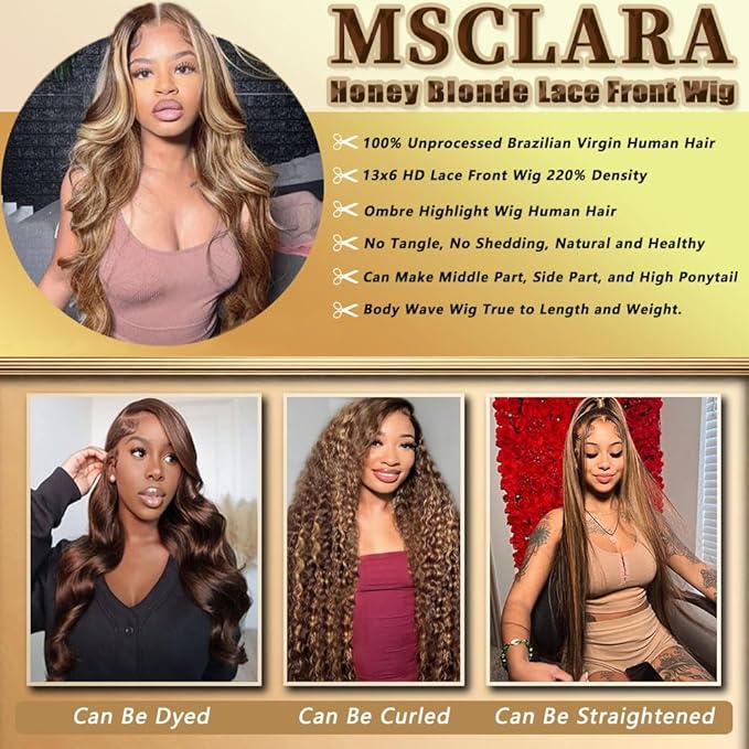 30 Inch Highlight Body Wave Lace Front Wigs Human Hair Honey Blond Ombre Wigs 220 Density Body Wave Wig Pre Plucked 13x6 Hd Lace Front Wigs Human Hair P4/27 Colored for Women