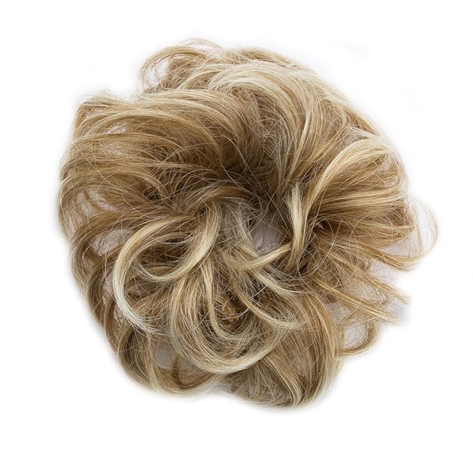 Benehair Messy Bun Hair Piece Scrunchy Updo Hair Pieces for Women Fluffy Wavy Hair Bun Scrunchies Donut Hairpiece Synthetic Chignons With Elastic Rubber Band Light Ash Brown to Bleach Blonde 1pc 25g