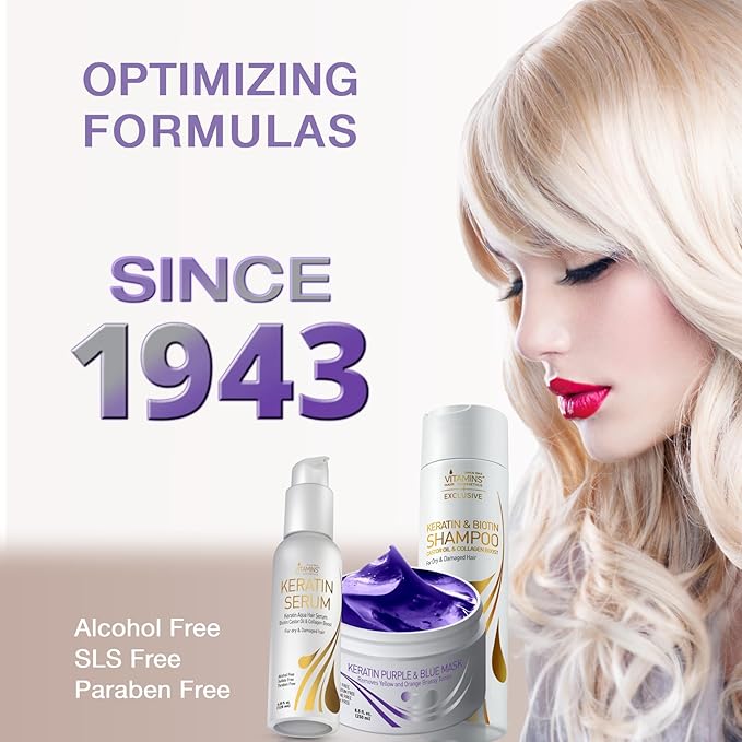 VITAMINS hair cosmetics Keratin Hair Serum, Purple Hair Mask & Shampoo Kit, Heat Protectant Anti-Frizz Serum, Anti-Brass Conditioner for Bleached Blonde Platinum Gray Damaged Hair & Nourishing Shampoo