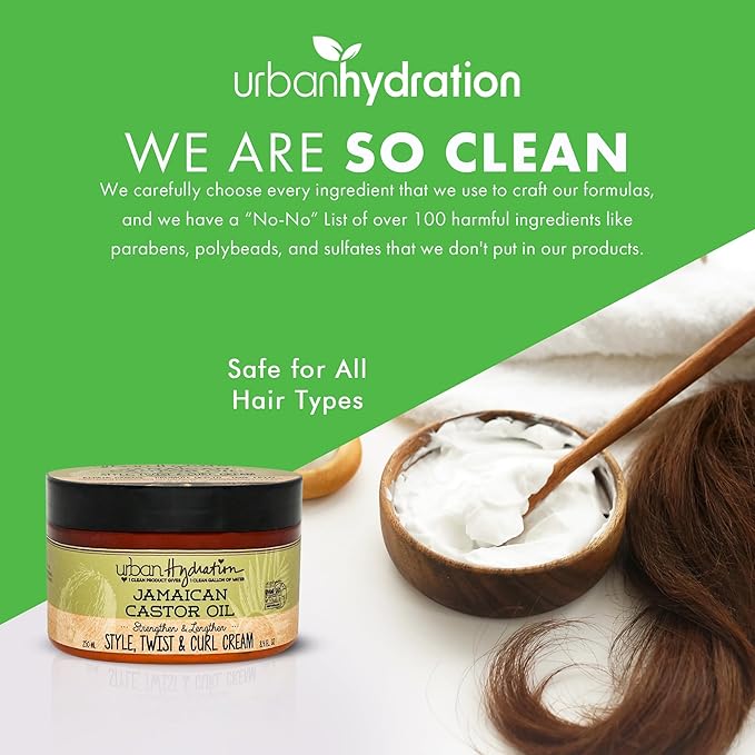 Urban Hydration Jamaican Castor Oil Curl Styling Cream | Sulfate, Paraben and Dye Free, Moisturizes, Thickens, Prevents Breakage and Lengthens For Strong Hair, All Hair Types, 8.4 Ounces
