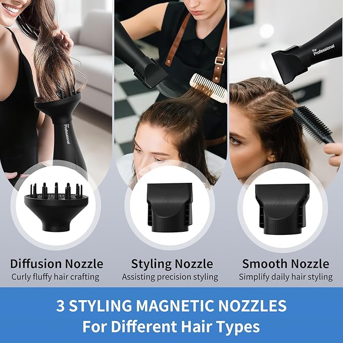 Professional 1875W Blow Dryer with Diffuser, Lightweight & Quiet Hair Dryer for Women and Men, Fast Drying with 3 Heat 2 Speed Settings, Travel Blow Dryer with Concentrator & Cold Shot (Black)
