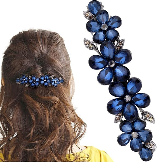 1 Pcs Rhinestone Hair Clips, Wedding Hair Barrettes, Sparkly Crystal Hair Clips, Navy Blue Rhinestone Accessories (Flower)
