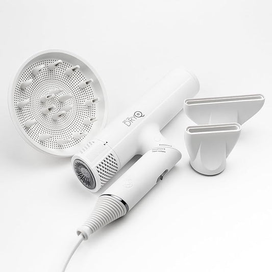 SRILabs DryQ ‘Smart’ Hair Dryer – White Edition – Super Lightweight, Foldable – Powerful, Quiet Motor – Infrared & Ionic Technology – 3 Magnetic Attachments – Heat Control with Locking Switch
