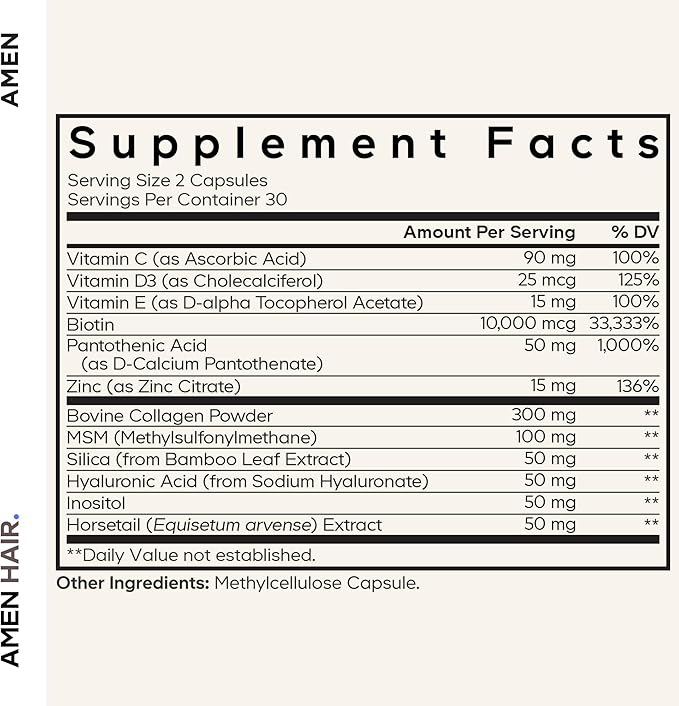 Amen Hair Vitamins - 10,000 mcg Biotin, Collagen Powder - Vitamin C, D3 & E, Pantothenic Acid, MSM, Zinc, Hyaluronic Acid, Inositol & Horsetail Extract - Non-GMO Hair Pill Supplements - 60 Capsules