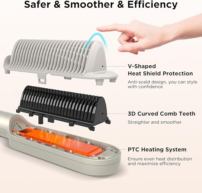 Prizm Hair Straightener Brush, 20s Fast Heating, Negative Ions Hair Straightening Comb with Less Frizz, 4 Temp Settings & LED Display, Anti-Scald Design for Home Salon, Dual Voltage, Champagne Silver